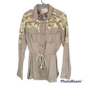 NWT Miss Me Woman’s Olive Green Floral Button Down Tie Waist Jacket Size Small